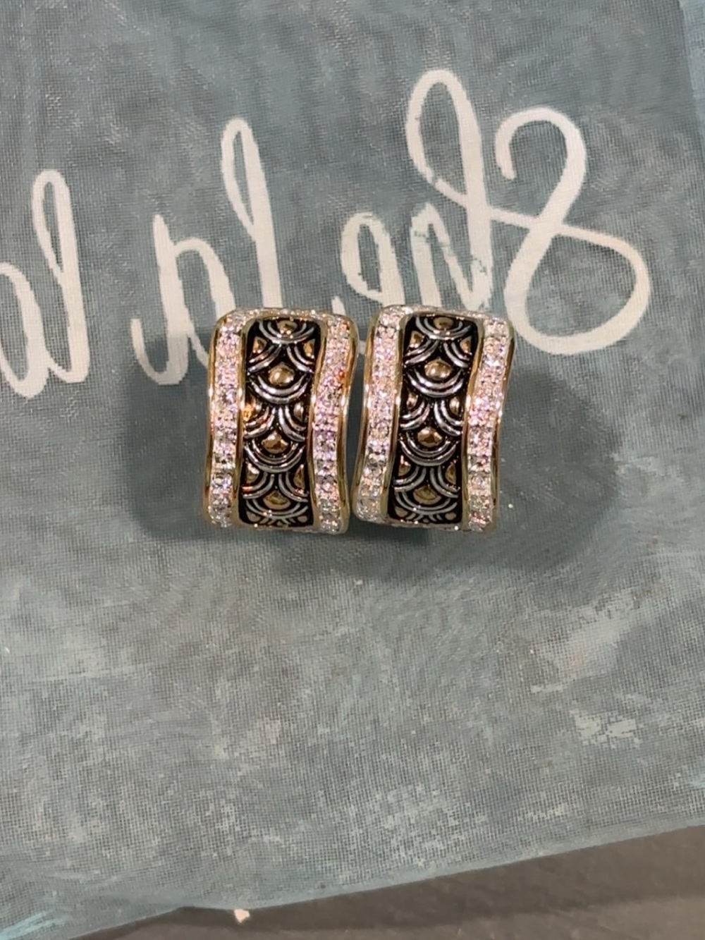 Elegant Black and Gold Filigree Hoop Earrings with CZ Accent